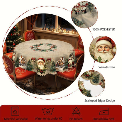 Christmas Round Tablecloth – Festive Santa & Reindeer Print Dining Table Cover ✨ Holiday Party Decor