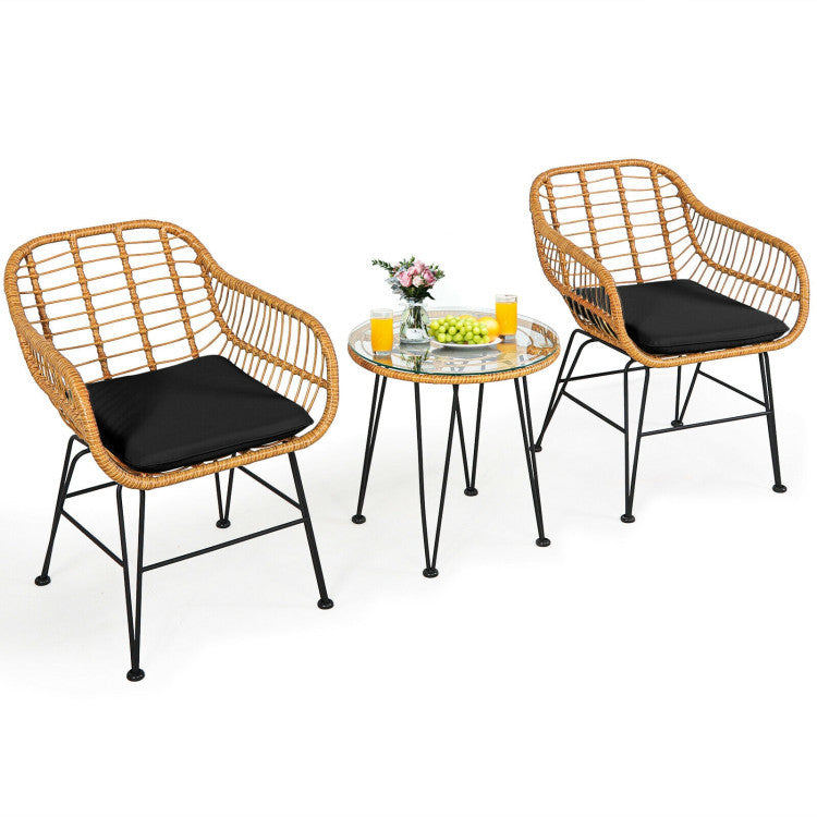 🖤 Urban Chic Rattan Bistro Set — 3-Piece Handwoven Outdoor Lounge with Black Cushions & Glass-Top Table ☕✨