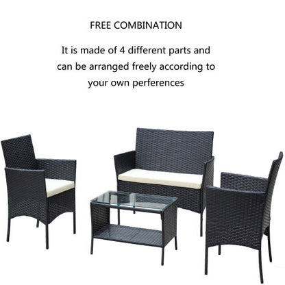 🌸 Garden Grace Rattan Conversation Set — 4-Piece Outdoor Lounge with Black Wicker Frame & Beige Cushions ☕✨
