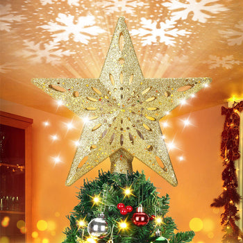 ✨ 3D Glitter LED Star Tree Topper Projector – Lighted Silver & Gold Christmas Decoration for Magical Holiday Glow
