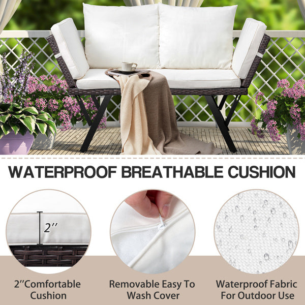 ✨ Stretchable Rattan Bench with Beige Cushions | Modern Outdoor Patio & Balcony Seating ☀️