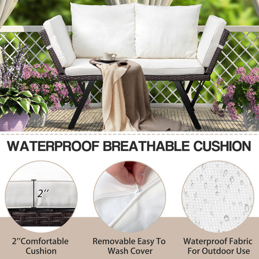 ✨ Stretchable Rattan Bench with Beige Cushions | Modern Outdoor Patio & Balcony Seating ☀️