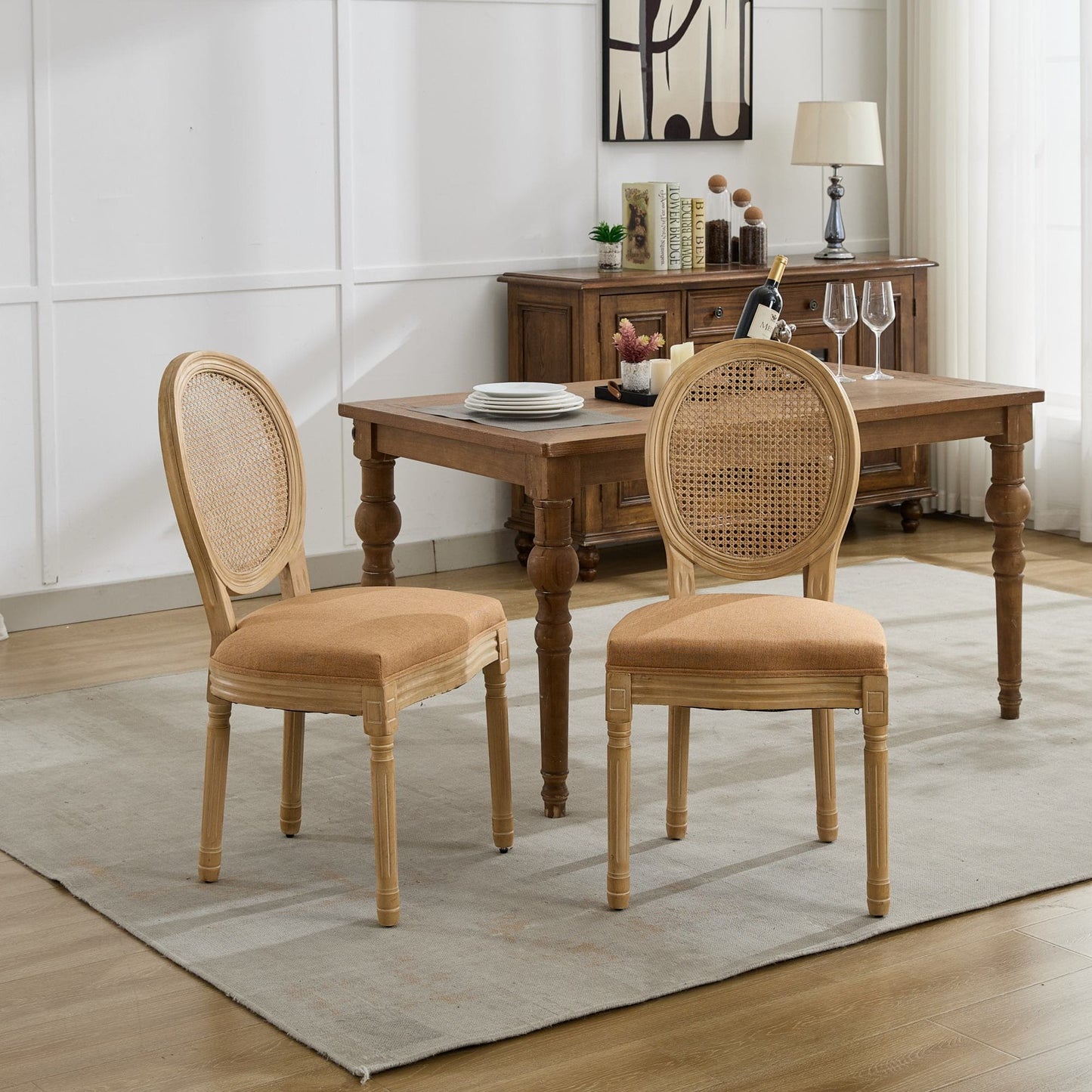 Charm Rattan Dining Chair (Tan Edition) — Set of 2 | Handcrafted French Elegance with Linen Comfort & Solid Wood Finish ✨🪵