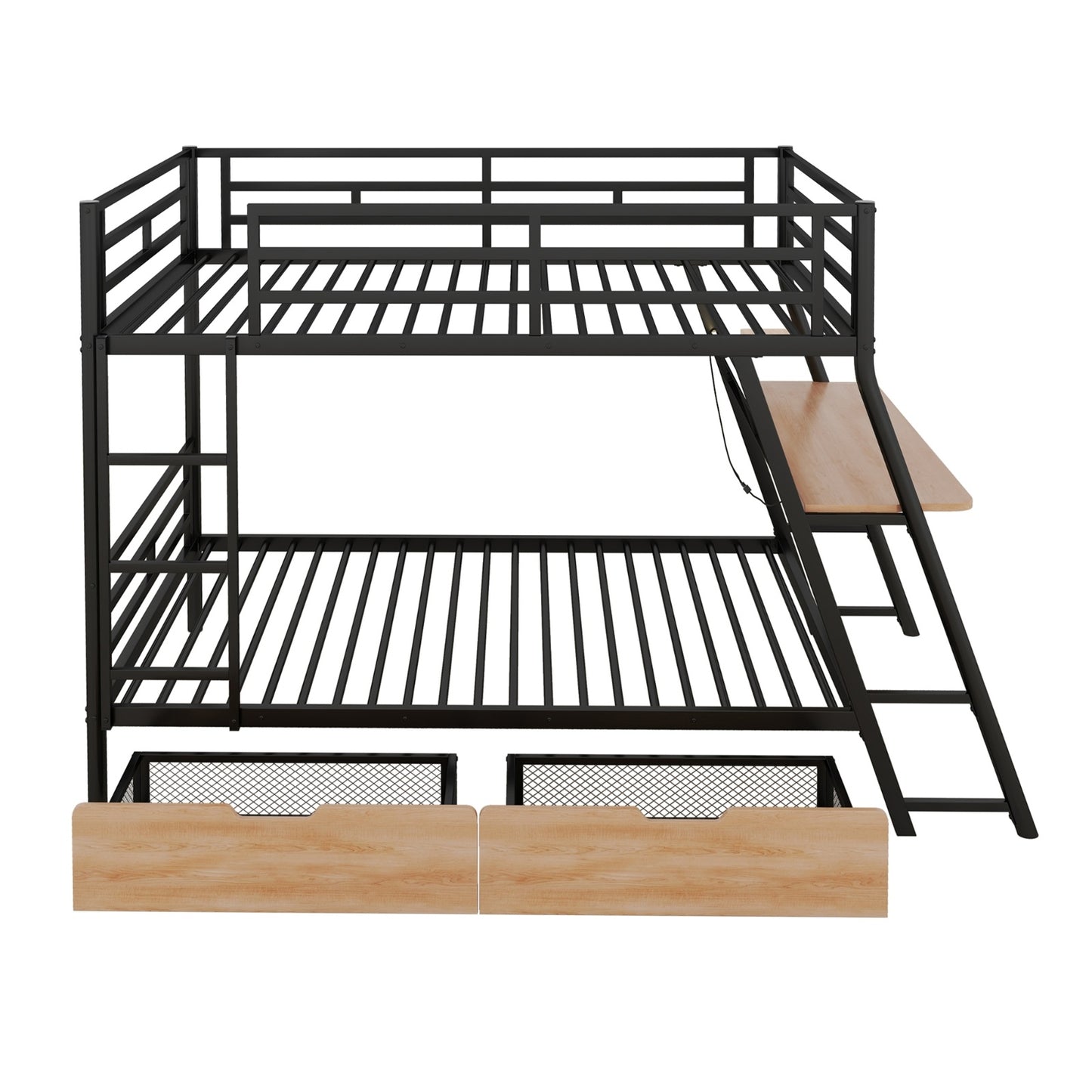 ✨ Full-Size Metal Bunk Bed with Built-in Desk, LED Light & 2 Storage Drawers | Modern Multifunctional Loft Bed – Black ⚡️