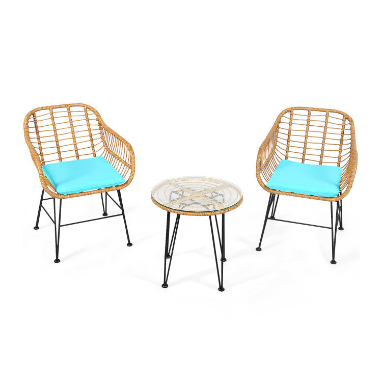 🌊 Coastal Breeze Rattan Patio Set — 3-Piece Outdoor Bistro with Aqua Cushions &amp; Glass-Top Table ☕✨
