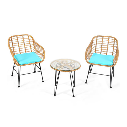 🌊 Coastal Breeze Rattan Patio Set — 3-Piece Outdoor Bistro with Aqua Cushions &amp; Glass-Top Table ☕✨