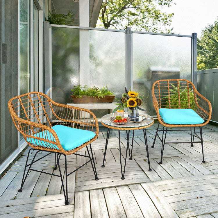 🌊 Coastal Breeze Rattan Patio Set — 3-Piece Outdoor Bistro with Aqua Cushions &amp; Glass-Top Table ☕✨