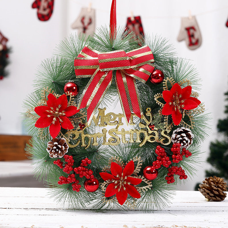 Elegant “Merry Christmas” Door Wreath – Festive Golden Bow & Pine Ornament Decoration ✨