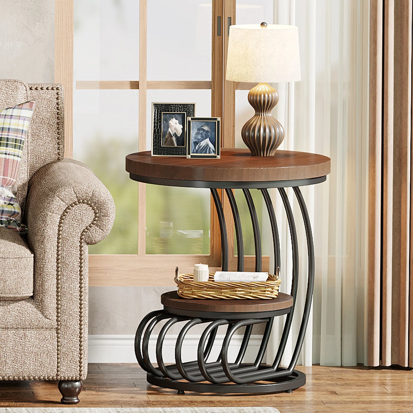 ✨ Modern Gold Round End Table – 2-Tier Faux Marble Side Table with Storage Shelf for Elegant Living Spaces 💫