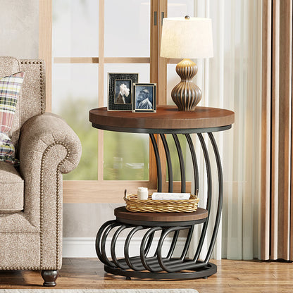 ✨ Modern Gold Round End Table – 2-Tier Faux Marble Side Table with Storage Shelf for Elegant Living Spaces 💫