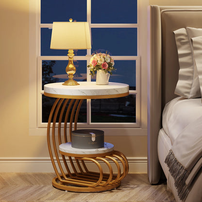 ✨ Modern Gold Round End Table – 2-Tier Faux Marble Side Table with Storage Shelf for Elegant Living Spaces 💫