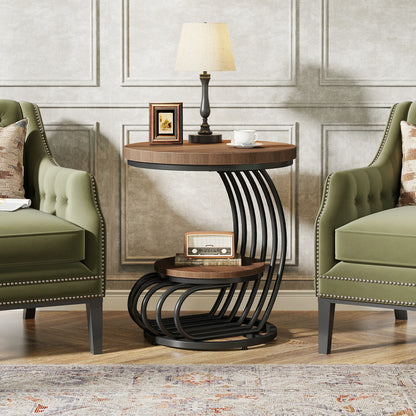 ✨ Modern Gold Round End Table – 2-Tier Faux Marble Side Table with Storage Shelf for Elegant Living Spaces 💫