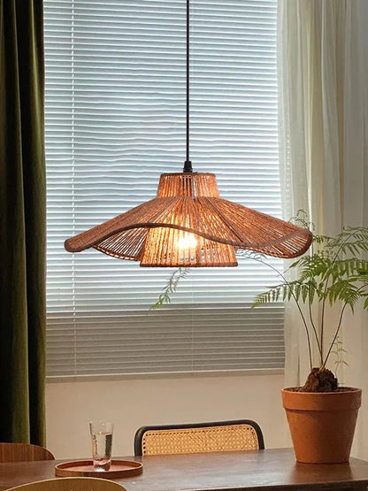 🌸 Wabi Sabi Rattan Flower Pendant Lamp – Minimalist Hemp Rope Ceiling Light for Bedroom, Dining & Café Decor ✨