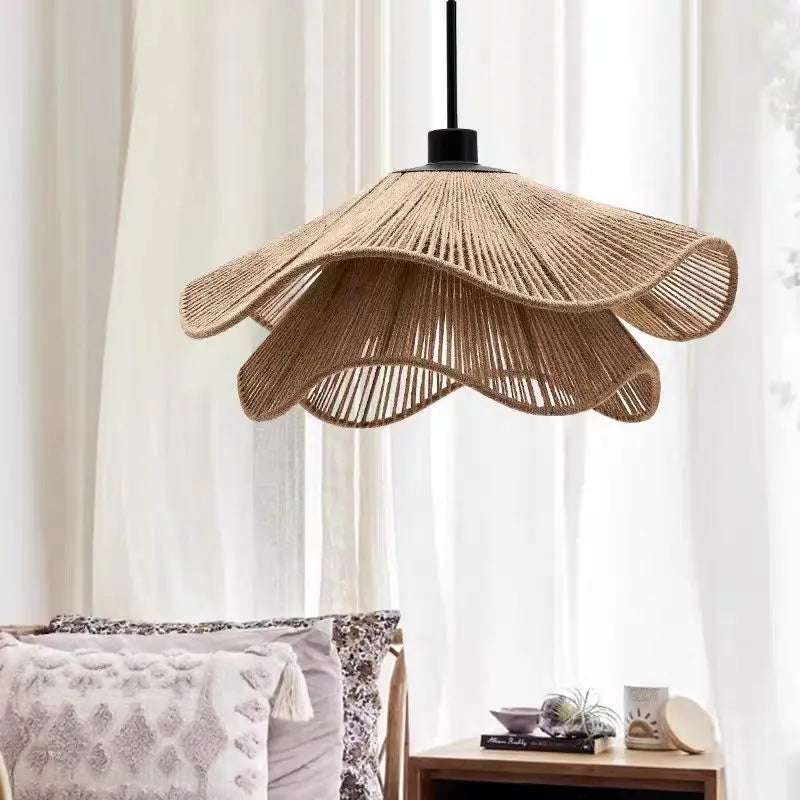 🌸 Wabi Sabi Rattan Flower Pendant Lamp – Minimalist Hemp Rope Ceiling Light for Bedroom, Dining & Café Decor ✨