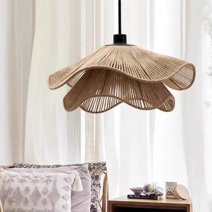 🌸 Wabi Sabi Rattan Flower Pendant Lamp – Minimalist Hemp Rope Ceiling Light for Bedroom, Dining & Café Decor ✨