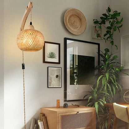 🌿 Handwoven Bamboo Wall Lamp – Natural Rattan Wicker Lantern Light for Bedroom & Living Spaces 🏮✨