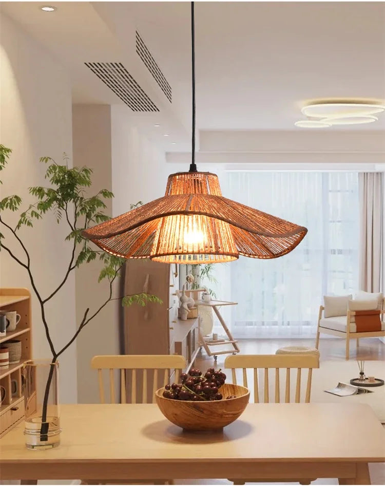 🌸 Wabi Sabi Rattan Flower Pendant Lamp – Minimalist Hemp Rope Ceiling Light for Bedroom, Dining & Café Decor ✨