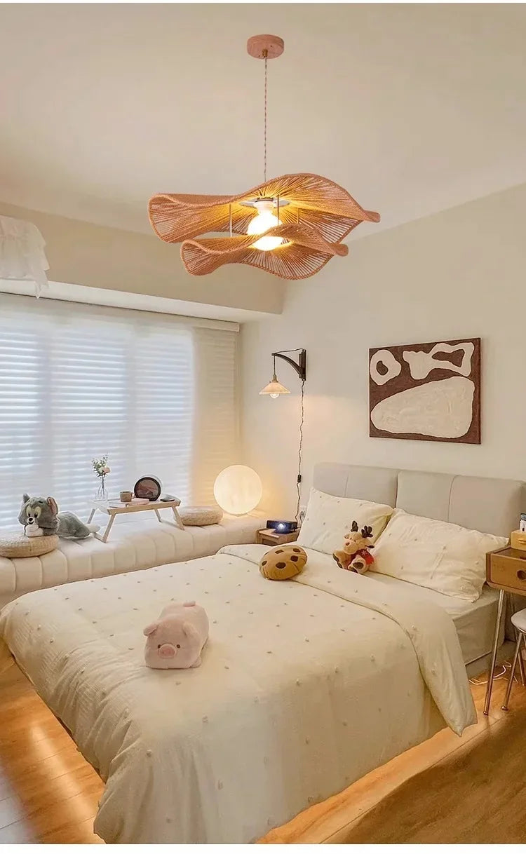 🌸 Wabi Sabi Rattan Flower Pendant Lamp – Minimalist Hemp Rope Ceiling Light for Bedroom, Dining & Café Decor ✨