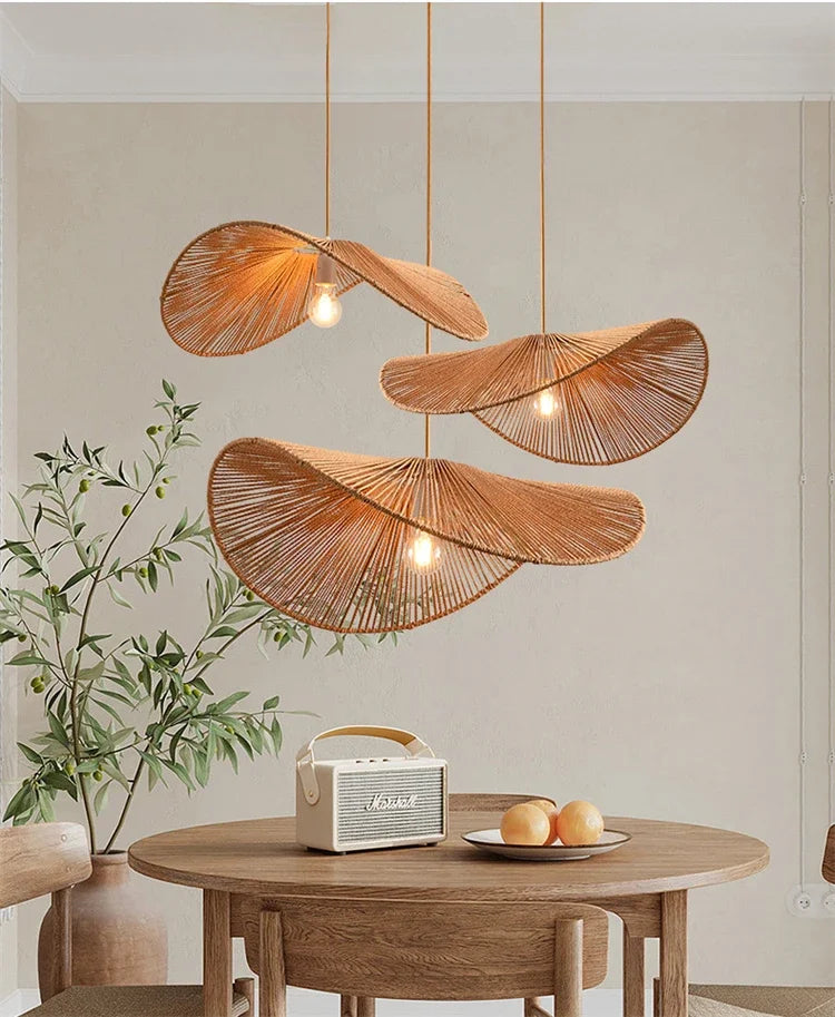 🌸 Wabi Sabi Rattan Flower Pendant Lamp – Minimalist Hemp Rope Ceiling Light for Bedroom, Dining & Café Decor ✨
