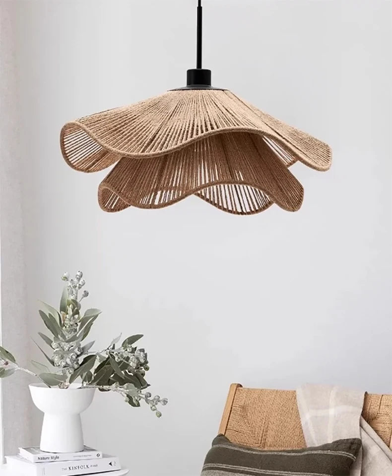 🌸 Wabi Sabi Rattan Flower Pendant Lamp – Minimalist Hemp Rope Ceiling Light for Bedroom, Dining & Café Decor ✨