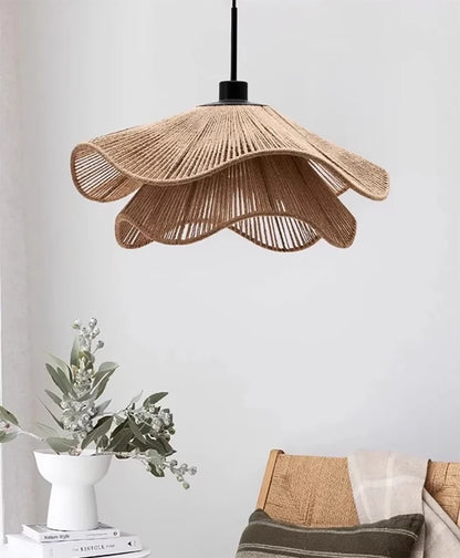 🌸 Wabi Sabi Rattan Flower Pendant Lamp – Minimalist Hemp Rope Ceiling Light for Bedroom, Dining & Café Decor ✨