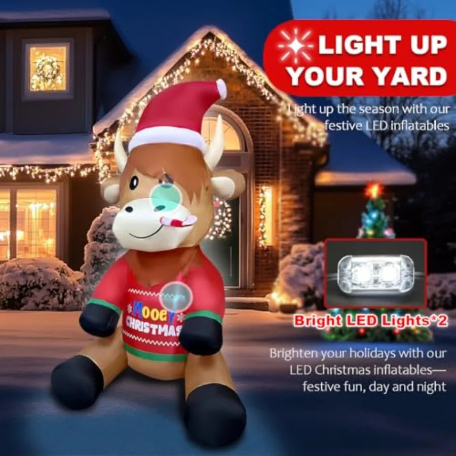 5ft Inflatable Highland Cow Christmas Decoration 🐮✨ | Built-In LED Lights, Adorable Santa Sweater, Perfect Yard & Lawn Display 🎅🎁