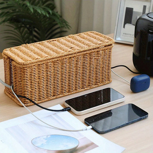 🌿 Handwoven Rattan Cable Organizer Box – Natural Wicker Multi-Compartment Storage for Chargers & Cables ⚡✨