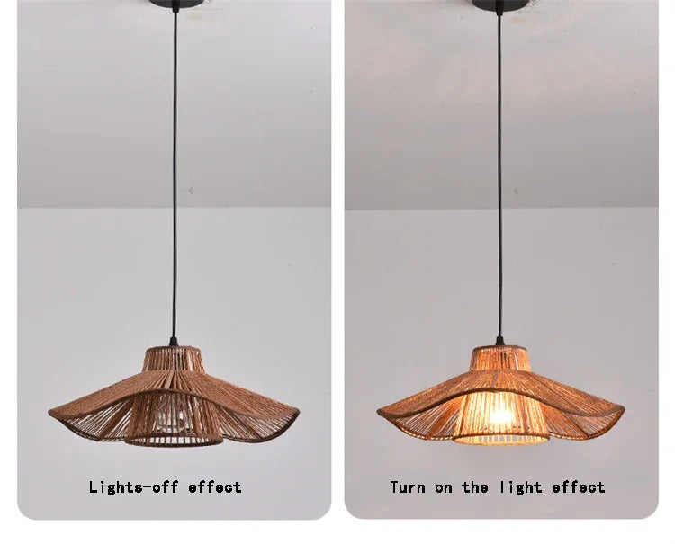 🌸 Wabi Sabi Rattan Flower Pendant Lamp – Minimalist Hemp Rope Ceiling Light for Bedroom, Dining & Café Decor ✨