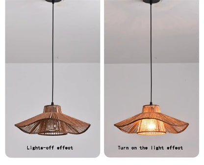 🌸 Wabi Sabi Rattan Flower Pendant Lamp – Minimalist Hemp Rope Ceiling Light for Bedroom, Dining & Café Decor ✨