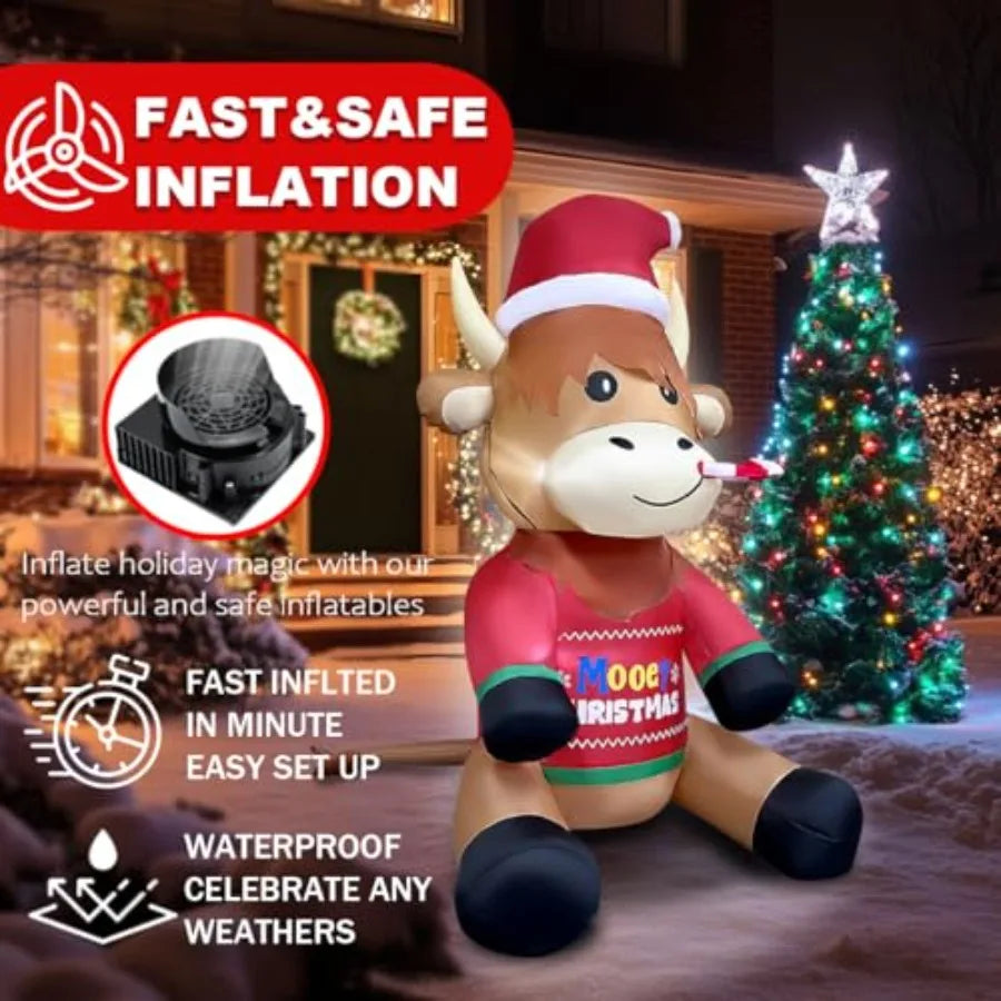 5ft Inflatable Highland Cow Christmas Decoration 🐮✨ | Built-In LED Lights, Adorable Santa Sweater, Perfect Yard & Lawn Display 🎅🎁
