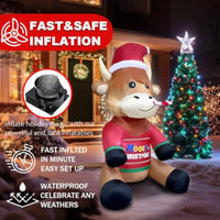 5ft Inflatable Highland Cow Christmas Decoration 🐮✨ | Built-In LED Lights, Adorable Santa Sweater, Perfect Yard & Lawn Display 🎅🎁