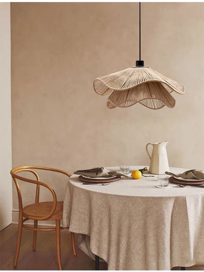 🌸 Wabi Sabi Rattan Flower Pendant Lamp – Minimalist Hemp Rope Ceiling Light for Bedroom, Dining & Café Decor ✨