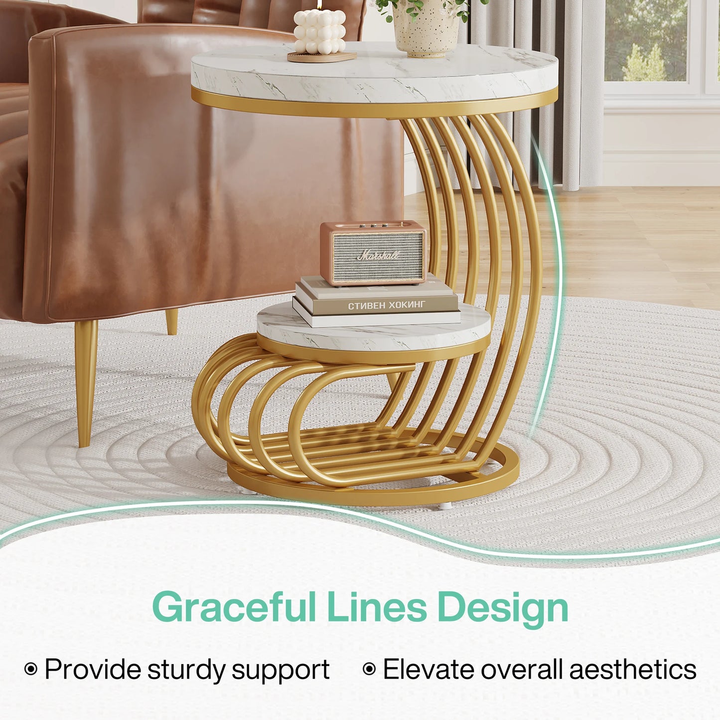✨ Modern Gold Round End Table – 2-Tier Faux Marble Side Table with Storage Shelf for Elegant Living Spaces 💫