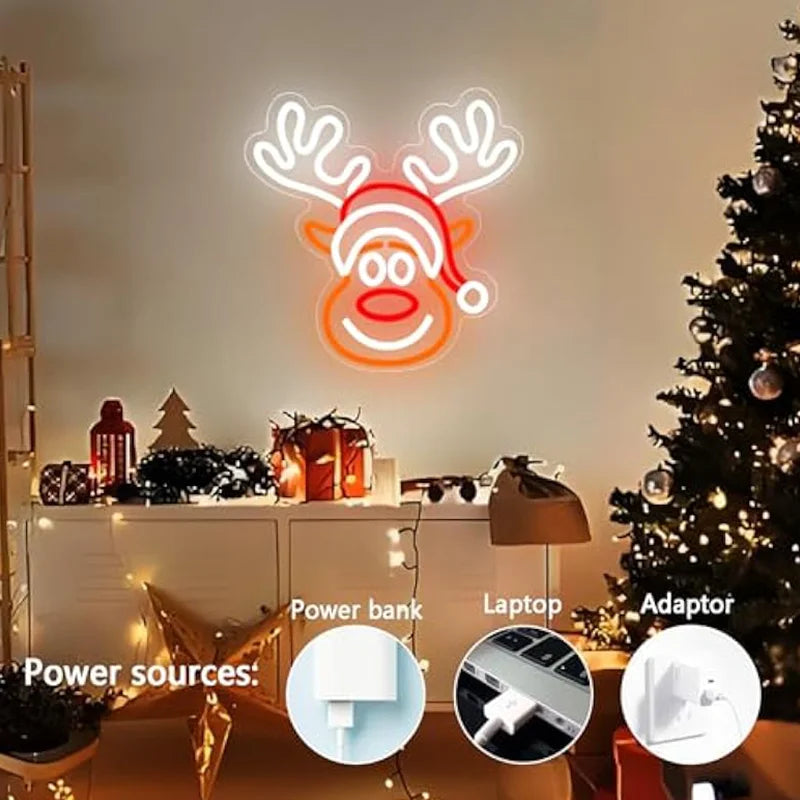 Reindeer Neon LED Light Sign 🎅💡 | Dimmable Christmas Elk Wall Decor for Bedroom, Kids Room & Holiday Parties 🦌✨