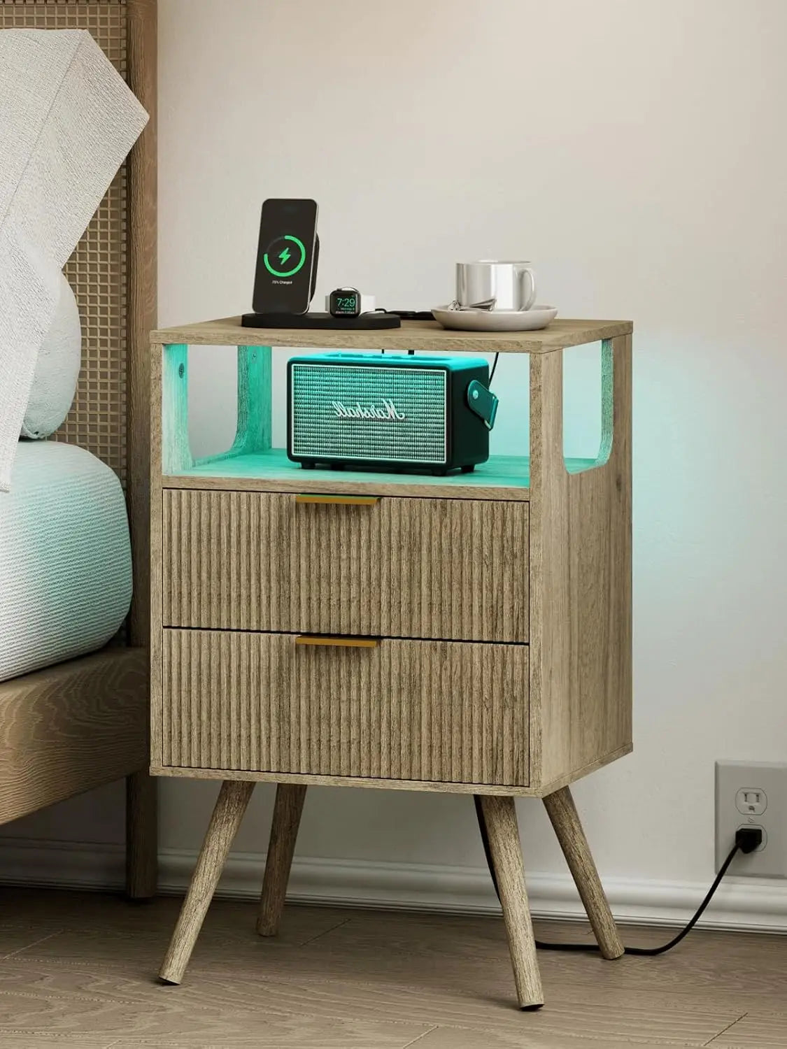 Modern 2-Drawer Nightstand With Open Shelf – Minimalist Wood Side Table for Bedroom Spac