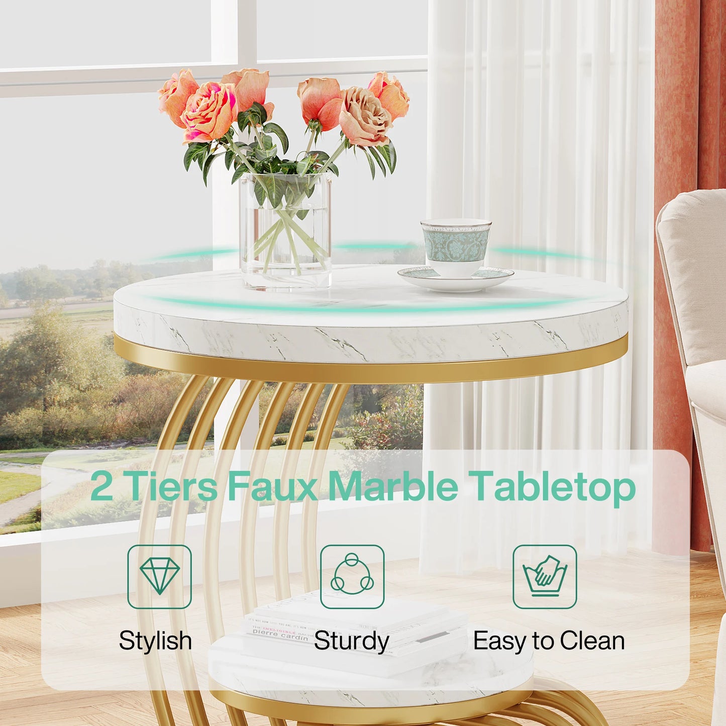 ✨ Modern Gold Round End Table – 2-Tier Faux Marble Side Table with Storage Shelf for Elegant Living Spaces 💫