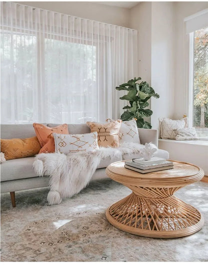 Handwoven Rattan Hourglass Coffee Table – Boho Chic Round Center Table for Living Room & Bedroom ☕🌾