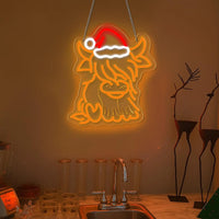Highland Cow Neon LED Light 🐮✨ | Cute Christmas Wall Decor with Santa Hat 🎄 Perfect for Bedroom, Living Room & Holiday Gifts 💖