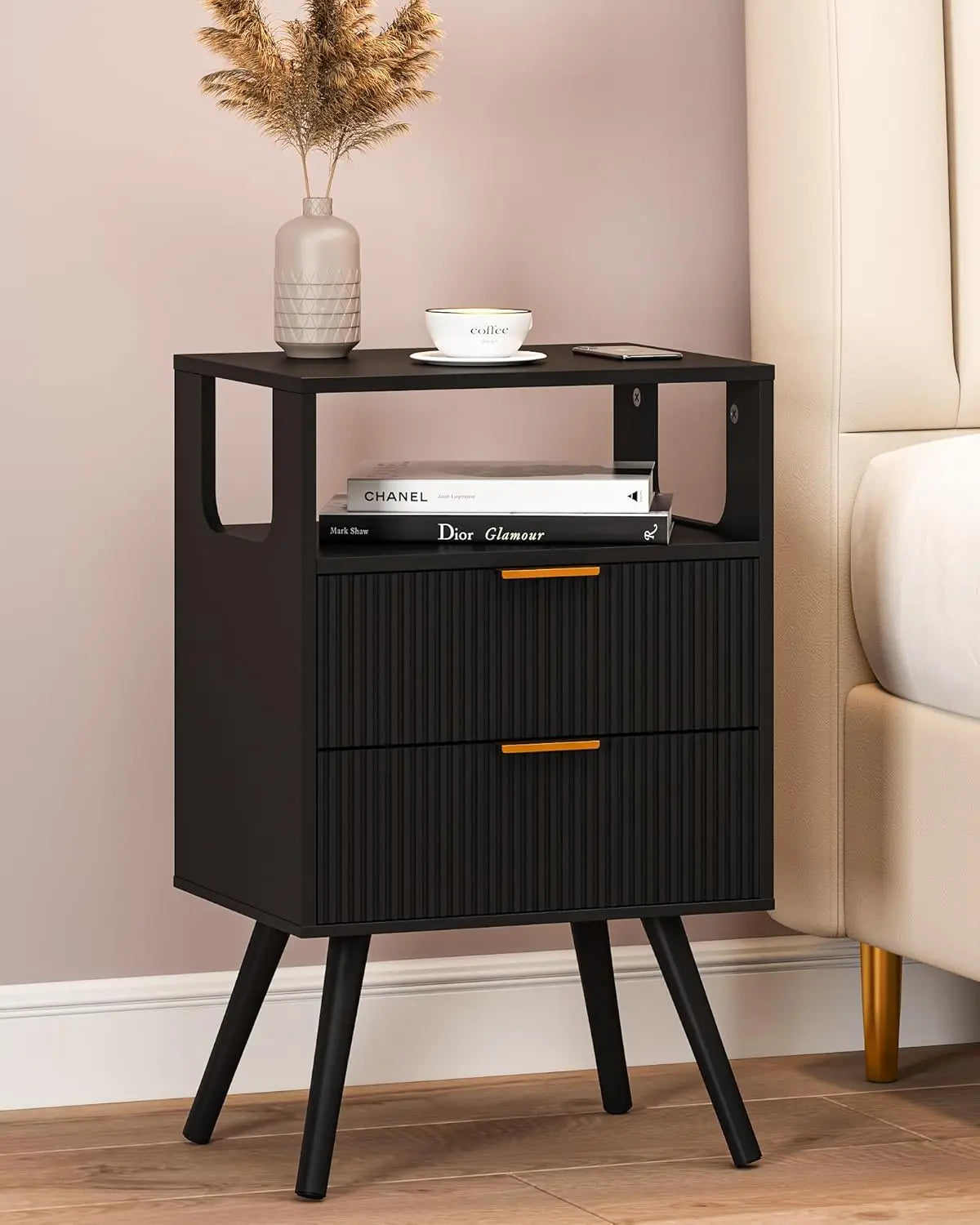 Modern 2-Drawer Nightstand With Open Shelf – Minimalist Wood Side Table for Bedroom Spac