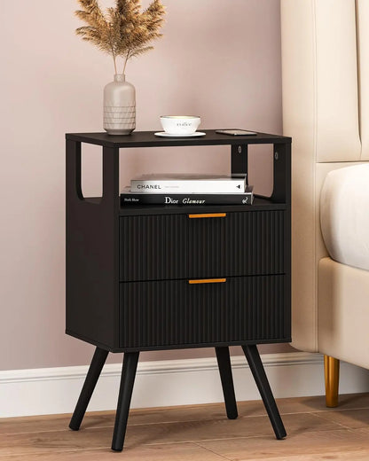 Modern 2-Drawer Nightstand With Open Shelf – Minimalist Wood Side Table for Bedroom Spac