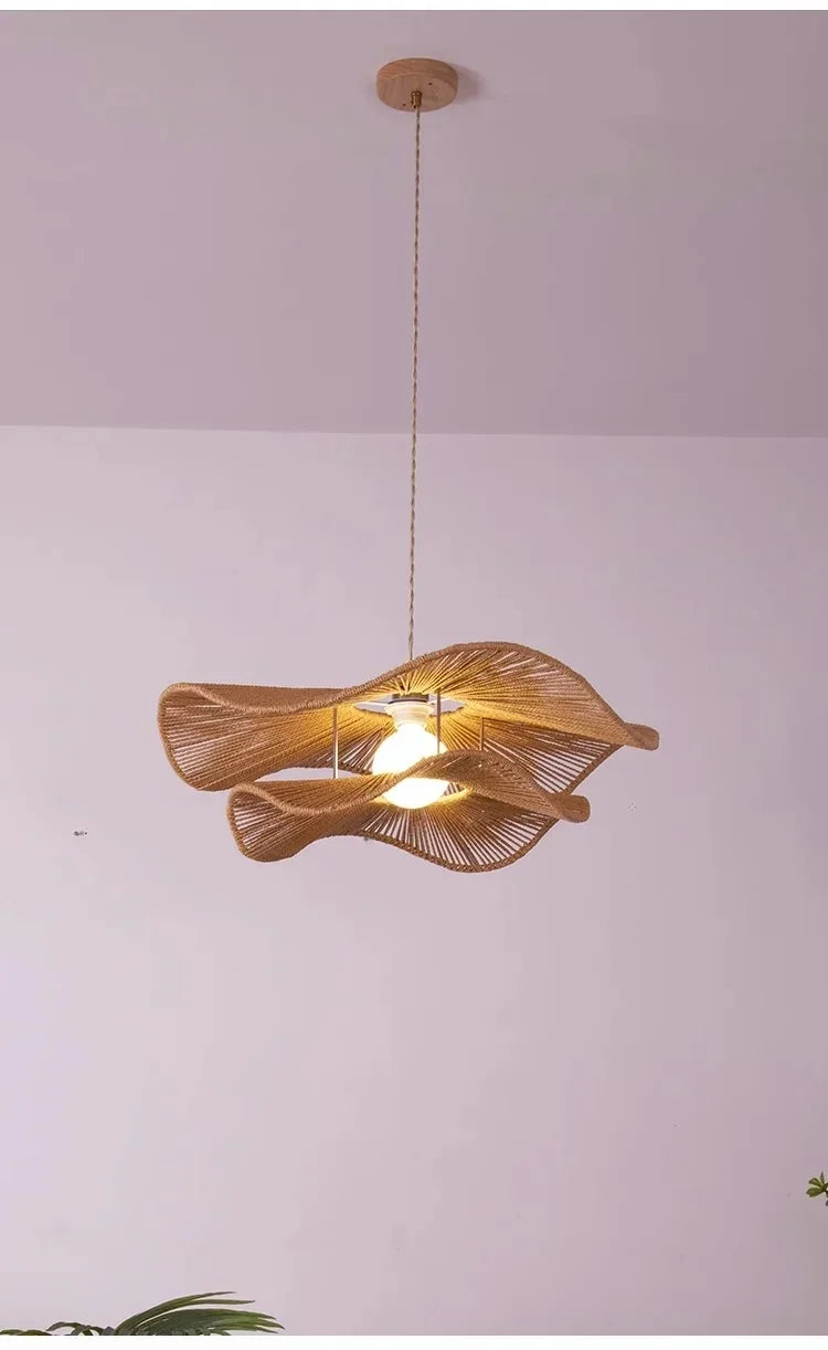 🌸 Wabi Sabi Rattan Flower Pendant Lamp – Minimalist Hemp Rope Ceiling Light for Bedroom, Dining & Café Decor ✨