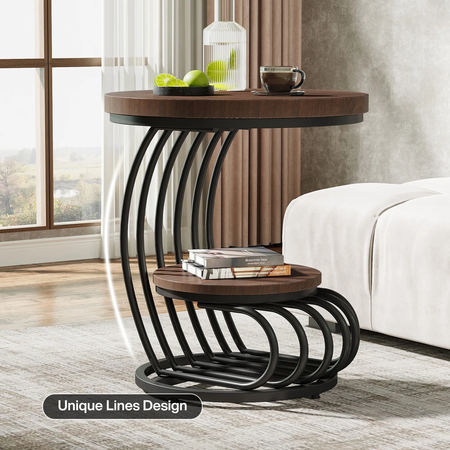 ✨ Modern Gold Round End Table – 2-Tier Faux Marble Side Table with Storage Shelf for Elegant Living Spaces 💫
