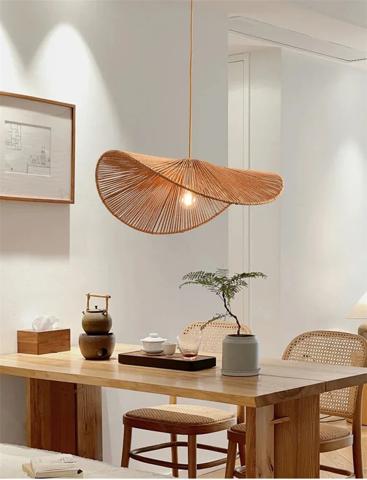 🌸 Wabi Sabi Rattan Flower Pendant Lamp – Minimalist Hemp Rope Ceiling Light for Bedroom, Dining & Café Decor ✨