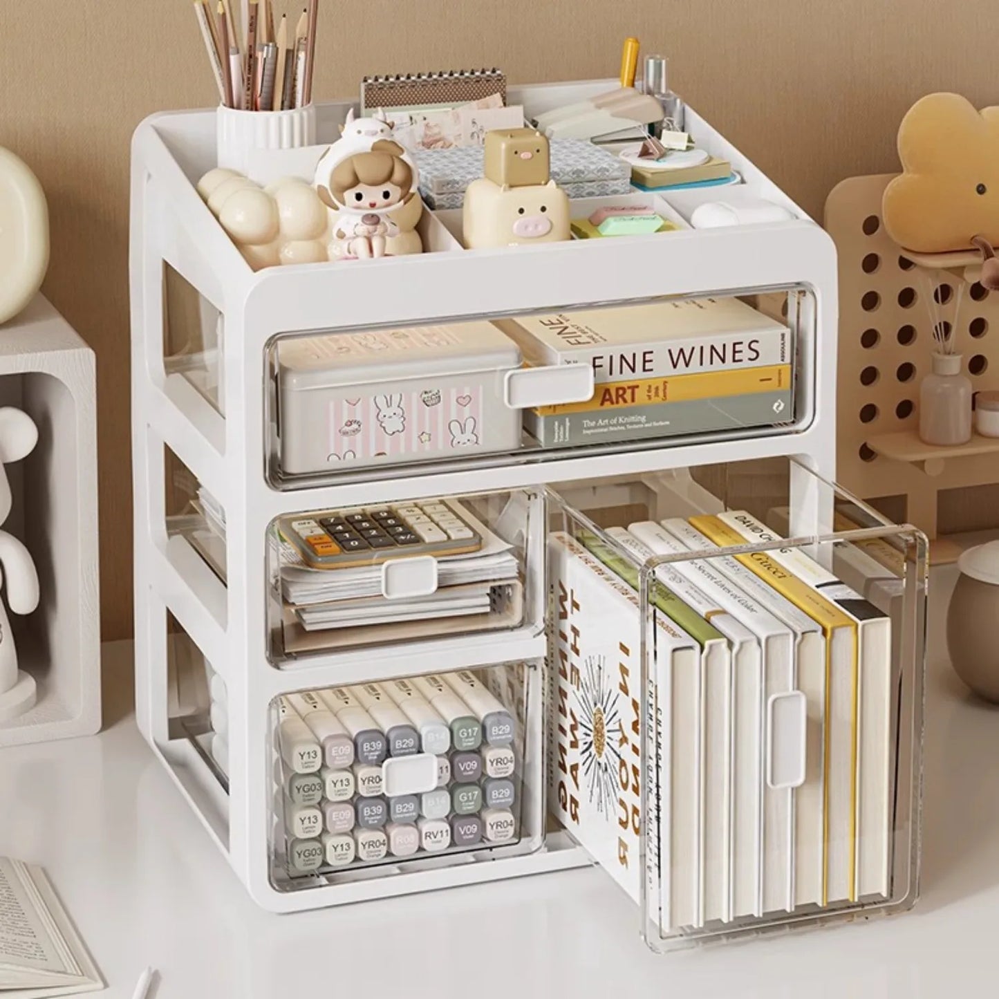 Multi-Layer Desktop Organizer Shelf with Drawers – Stationery & Study Desk Storage Box