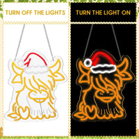 Highland Cow Neon LED Light 🐮✨ | Cute Christmas Wall Decor with Santa Hat 🎄 Perfect for Bedroom, Living Room & Holiday Gifts 💖
