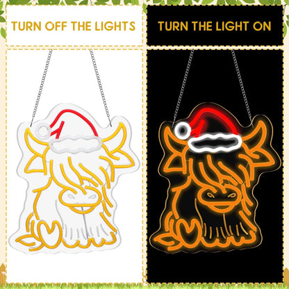 Highland Cow Neon LED Light 🐮✨ | Cute Christmas Wall Decor with Santa Hat 🎄 Perfect for Bedroom, Living Room & Holiday Gifts 💖
