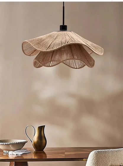 🌸 Wabi Sabi Rattan Flower Pendant Lamp – Minimalist Hemp Rope Ceiling Light for Bedroom, Dining & Café Decor ✨