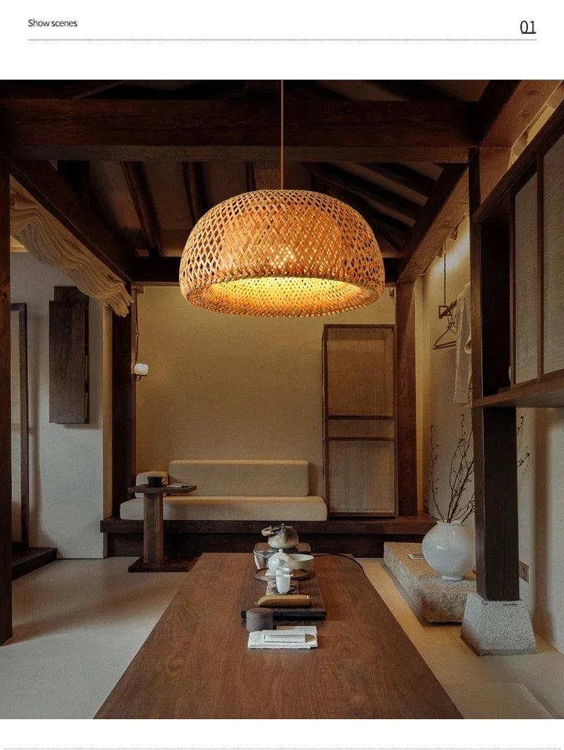🌾 2025 Handwoven Bamboo Rattan Pendant Lamp – Japanese Style Ceiling Light for Bedroom, Dining & Living Spaces ✨