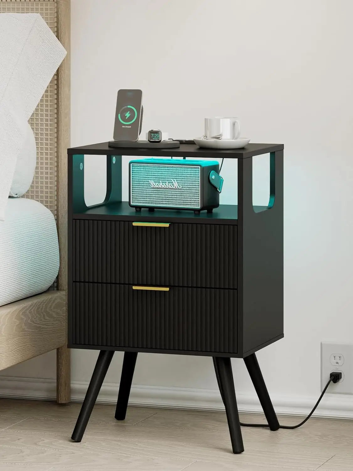 Modern 2-Drawer Nightstand With Open Shelf – Minimalist Wood Side Table for Bedroom Spac