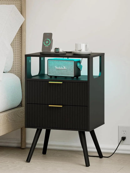 Modern 2-Drawer Nightstand With Open Shelf – Minimalist Wood Side Table for Bedroom Spac